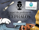 Texte "2189 L'appel du professeur Cephalos" sur une illustration de la mer de nuit avec des vagues, une bouée, une personne en cirée jaune, un parchemin, un crayon, une pancarte du CPIE Bassin de Thau, le logo du jeu et un bouton "2189-le-jeu.fr" avec un pointeur de souris