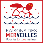 Dessin d'une tortue blanche et rouge sortant de vagues bleues avec en dessous le texte "FAISONS DES MERVEILLES Pour les tortues marines"