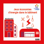 Illustration d'un bâtiment résidentiel, d'un batiment tertiaire et d'un éclair entouré d'un thermomètre, d'un hélice, d'une goutte, d'une ampoule et du symbole marche arrêt