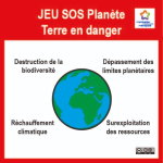 cc3M @c.amblard Image de la terre avec le titre "SOS Planète terre en danger" au dessus et et les textes "Réchauffement climatique", "Destruction de la biodiversité", "Dépassement des limites planétaires" et "Surexploitation des ressources" placés autour