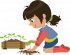 Illustration d'une fillette en train de planter une plante et d'un bac contenant des plants
