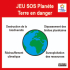 Image de la terre avec le titre "SOS Planète terre en danger" au dessus et et les textes "Réchauffement climatique", "Destruction de la biodiversité", "Dépassement des limites planétaires" et "Surexploitation des ressources" placés autour