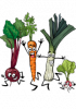 Légumes personnifiés : navet, carotte, poireau et radis