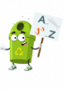 Illustration d'une poubelle de recyclage personnifiée tenant un panneau sur lequel est inscrit les lettres A et Z