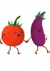 Illustration d'une tomate personnifiée tenant par la main une aubergine personnifiée 