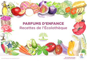 Couverture du livre de recettes avec des illustrations de fruits et légumes entourant le titre