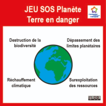 Image de la terre avec le titre "SOS Planète terre en danger" au dessus et et les textes "Réchauffement climatique", "Destruction de la biodiversité", "Dépassement des limites planétaires" et "Surexploitation des ressources" placés autour