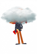 Illustration d'une petite avec un livre dans une main et la tête dans un nuage