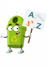 Illustration d'une poubelle de recyclage personnifiée tenant un panneau sur lequel est inscrit les lettres A et Z