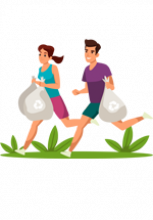 Illustration d'un homme et d'une femme en train de courir portant des sacs-poubelle