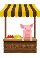 Illustration d'un stand de maraîcher tenu par un cochon