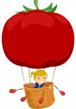 Illustration d'une montgolfière avec une tomate comme ballon et une filette dans la nacelle